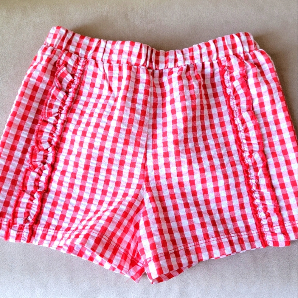 Little Girls Red and White Gingam Shorts with Ruffles